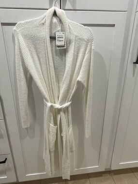 Barefoot Dreams CCL ribbed sea salt White Knit Robe Cardigan with Belt NWT S/M